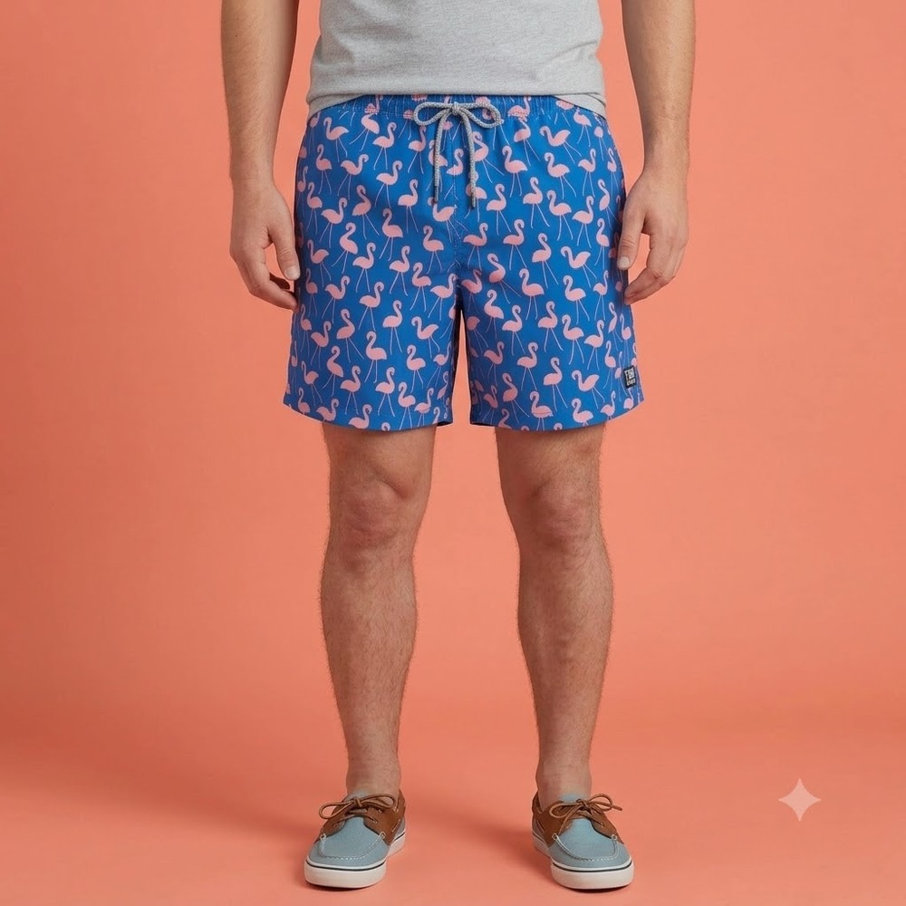 Tom & Teddy Flamingo Print Swim‎ Trunks Mens XL Navy Blue Pink Lined EUC